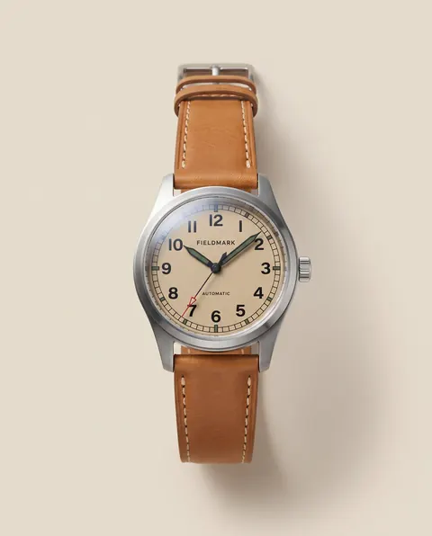 Fieldmark Watch Co.'s product photo: The Field 38, Sand Dial, Tan Leather, the packshot attached to prompts D and E.