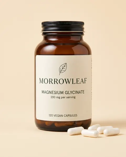 Morrowleaf's product photo: Magnesium Glycinate, 120 Capsules, the packshot attached to prompts D and E.