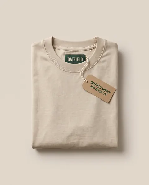 Oatfield Supply's product photo: The Heavyweight Tee, Oat, the packshot attached to prompts D and E.