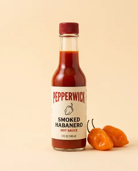 Pepperwick's product photo: Smoked Habanero Hot Sauce, 5 oz, the packshot attached to prompts D and E.