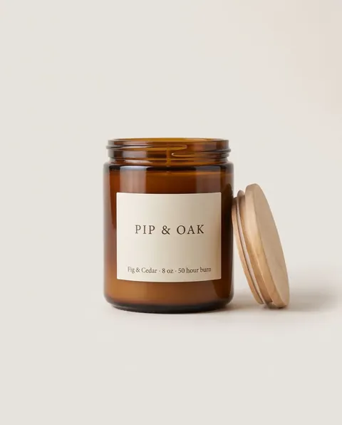 Pip & Oak's product photo: Fig & Cedar Soy Candle, the packshot attached to prompts D and E.
