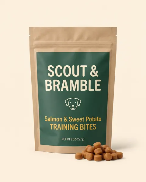 Scout & Bramble's product photo: Salmon & Sweet Potato Training Bites, 8 oz, the packshot attached to prompts D and E.