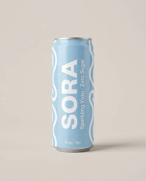 Sora's product photo: Sparkling Yuzu, 12-Pack, the packshot attached to prompts D and E.
