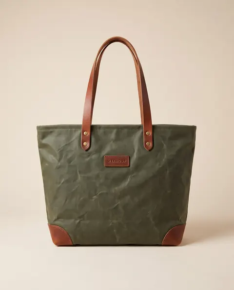 Wexmoor Goods's product photo: The Everyday Tote, Waxed Canvas, Olive, the packshot attached to prompts D and E.
